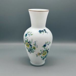 Vintage Frosted White Cased Blue and Yellow Floral Glass Vase 11”